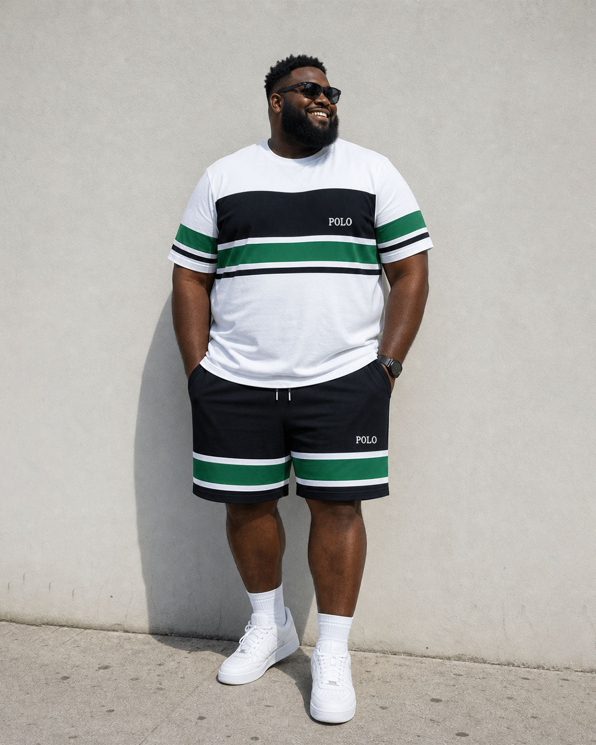 Big & Tall Men's Daily Travel Leisure Holiday Party White & Green & Black Striped Short Sleeve T-Shirt Shorts Set