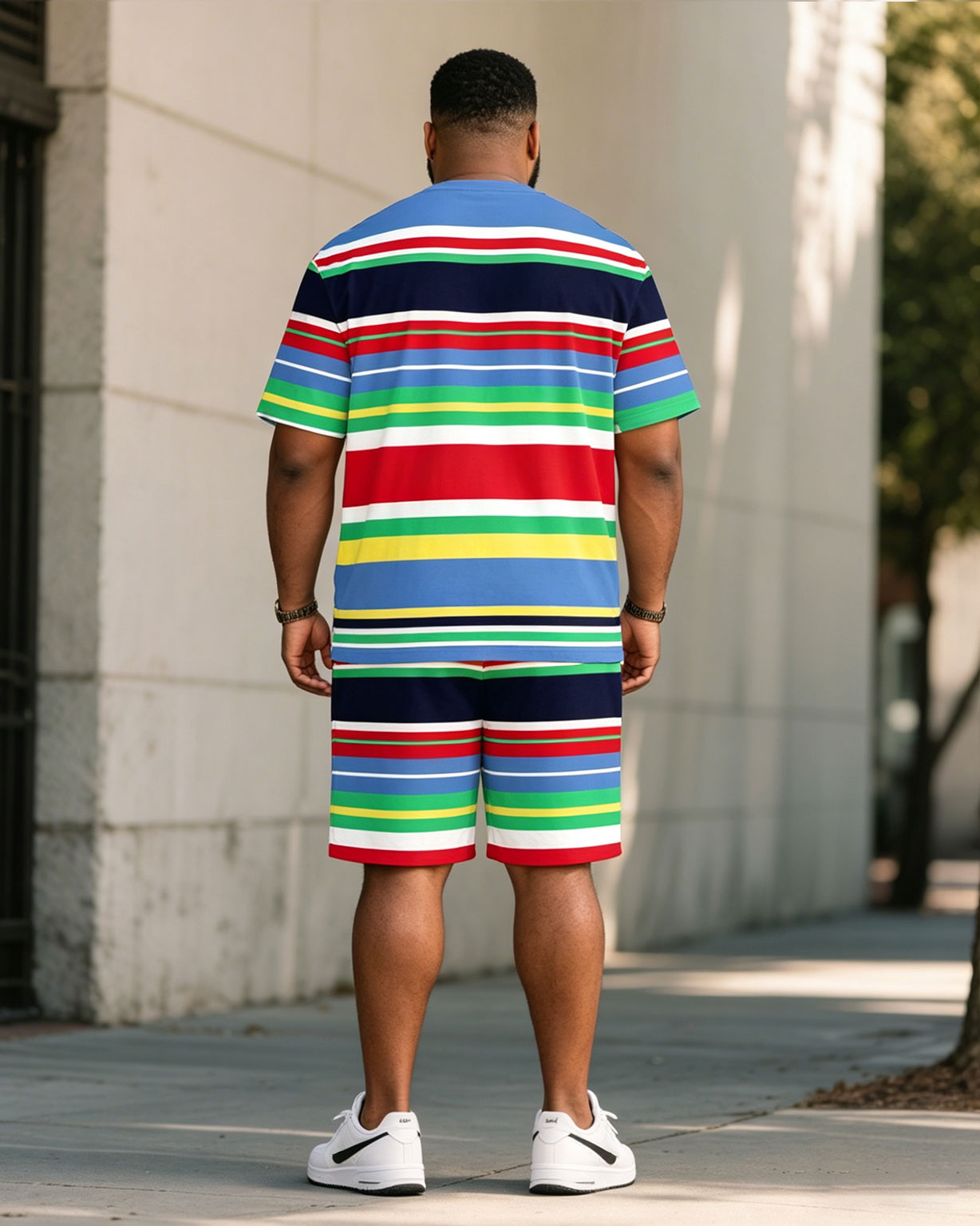 Big & Tall Men's Rainbow Striped Summer Chest Pony Print T-Shirt Shorts Set