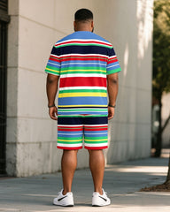 Big & Tall Men's Rainbow Striped Summer Chest Pony Print T-Shirt Shorts Set