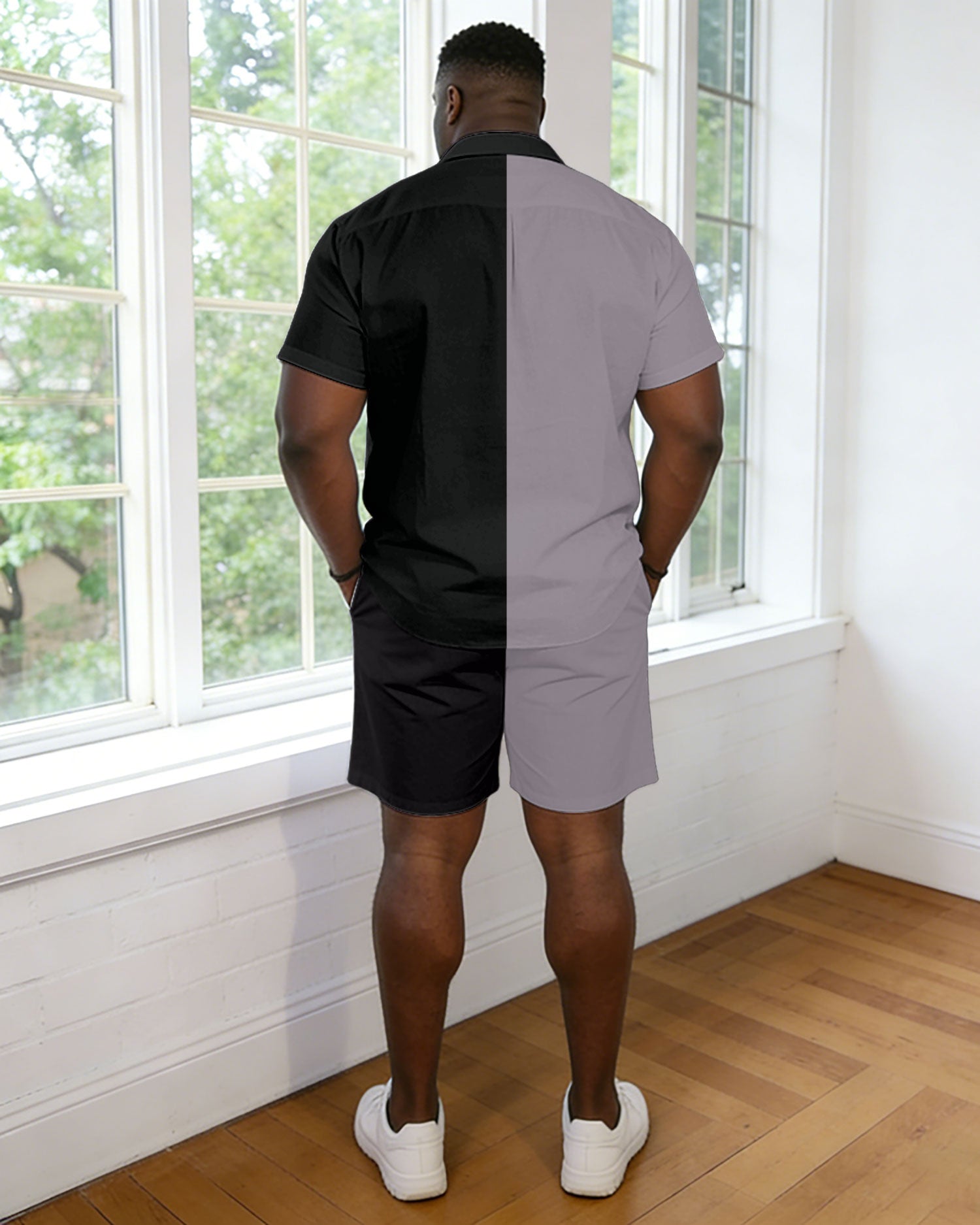 Men's Plus Size Black & Grey Contrast Short Sleeve Shirt Pants Set