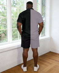 Men's Plus Size Black & Grey Contrast Short Sleeve Shirt Pants Set