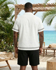 Big & Tall Men's White & Black Simple Line Chest Patch Pocket Short Sleeve Shirt Shorts Set