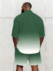 Big & Tall Men's Business Simple Green & White Gradient Long Sleeve Shirt And Shorts Set