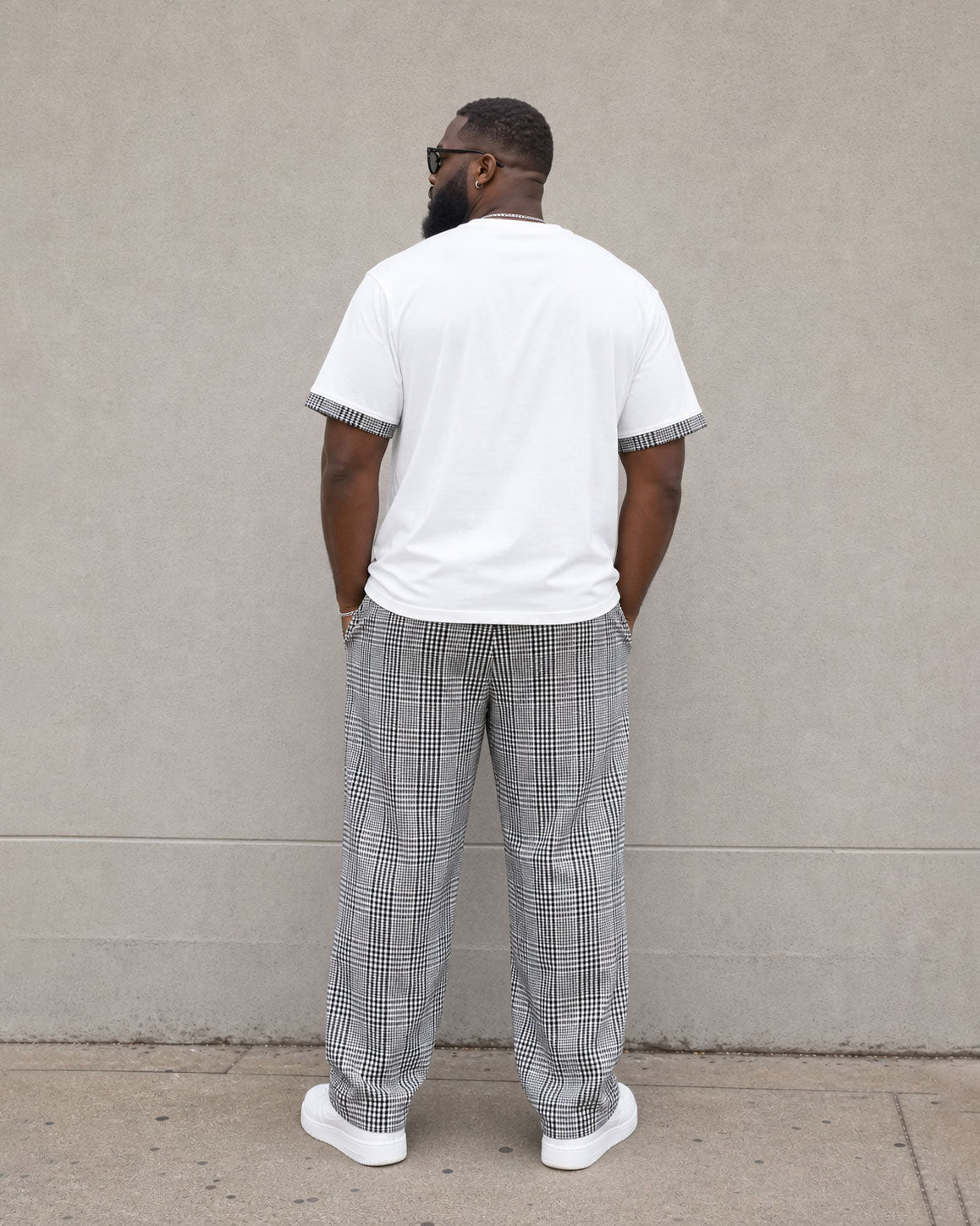 Big & Tall Men's Check Stitching Contrast Color Chest Slogan Printed Short Sleeve T-shirt Sports Pants Suit