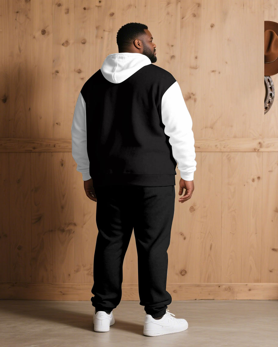 Large Size Men's Autumn And Winter Warm Cold-proof Black & White Sleeves Contrast Color Skull Figure Printed Hoodie Sweatpants Set