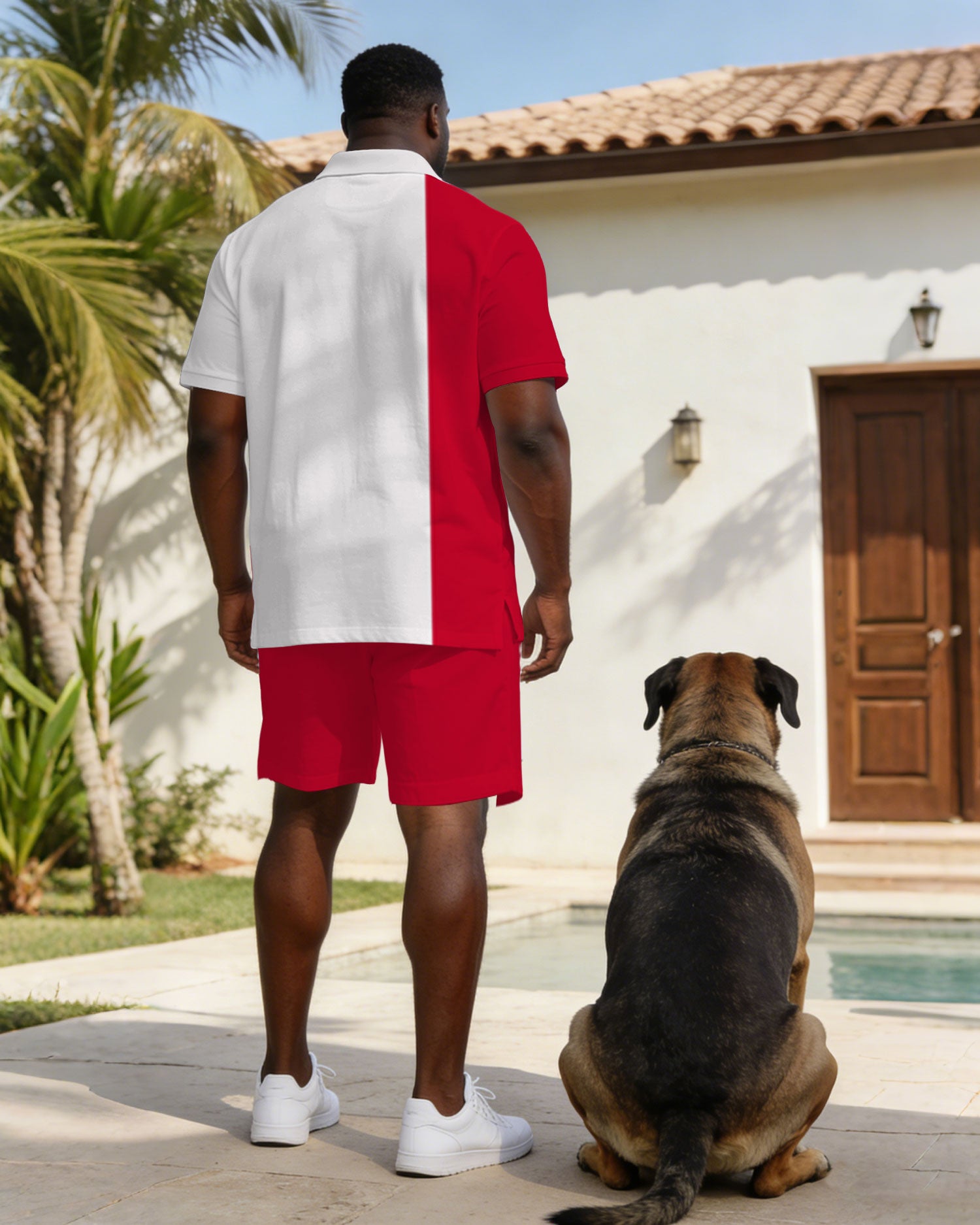 Red & White Small Label Printed Polo Shirt On Chest Short Sleeve Suit Large Size Men