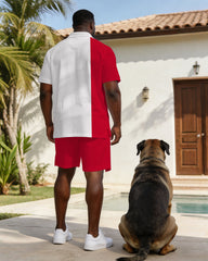 Red & White Small Label Printed Polo Shirt On Chest Short Sleeve Suit Large Size Men