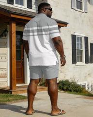 Large Size Men's Spring And Summer Casual Holiday Gray & White Simple Stitching Mesh Fabric Party Dating Valentine's Day Short Sleeve POLO Shirt Shorts Set