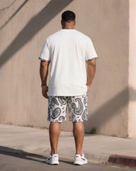 Big & Tall Men's Fashion Paisley Pocket Printed Feature Cuff Contrast Stitching T-Shirt Shorts Set