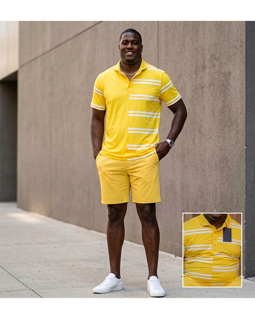 Big & Tall Men's Yellow Misplaced Stripe Design POLO Shirt Short Sleeve Shorts Set