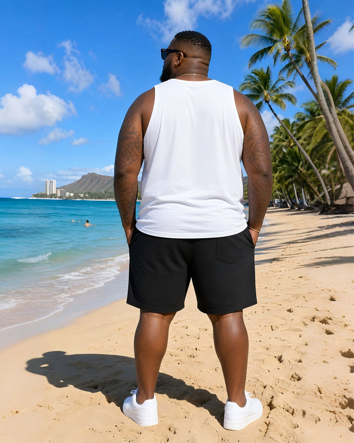 Big & Tall Men's Black & White Floral Block Print Tank Top Shorts Set