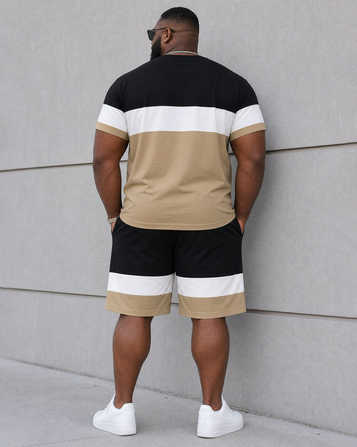 Big & Tall Men's Daily Leisure Simple Holiday Party Black & White & Khaki Chest King Printed Short Sleeve T-Shirt Shorts Set