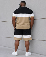 Big & Tall Men's Daily Leisure Simple Holiday Party Black & White & Khaki Chest King Printed Short Sleeve T-Shirt Shorts Set