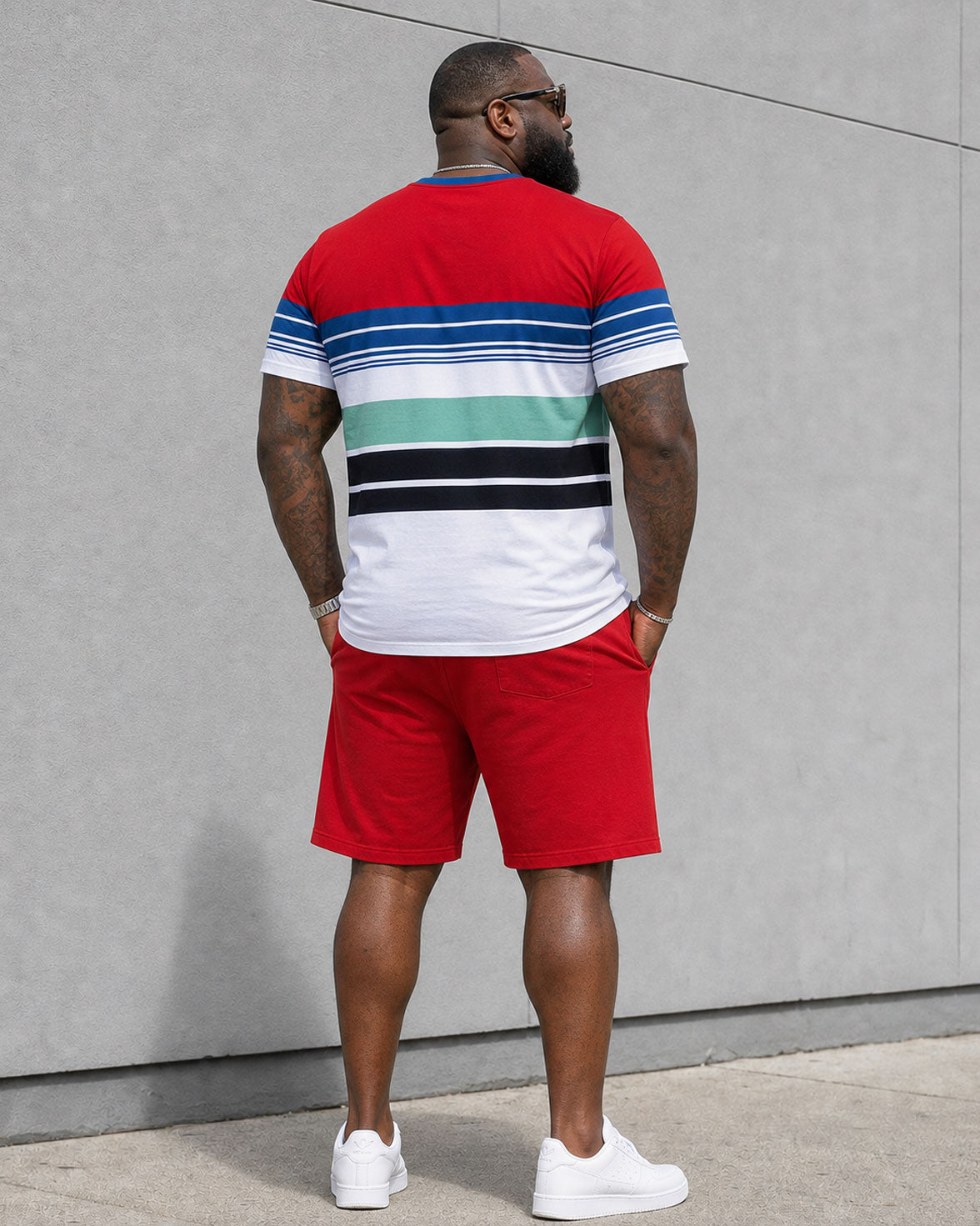 Big & Tall Men's Daily Leisure Travel Party Red Striped Short Sleeve T-Shirt Shorts Set