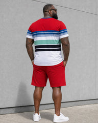 Big & Tall Men's Daily Leisure Travel Party Red Striped Short Sleeve T-Shirt Shorts Set