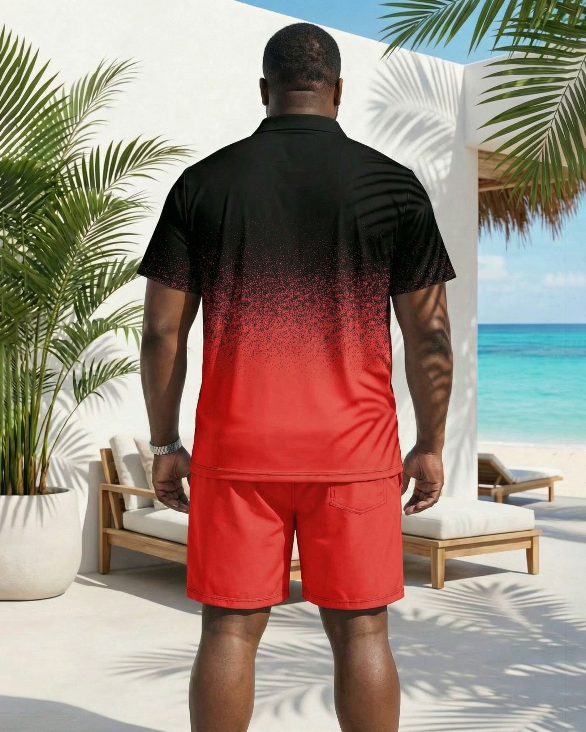 Big & Tall Men's Black & Red Feature Gradient Chest Small Label Printed POLO Shirt Short Sleeve Shorts Set