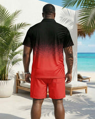 Big & Tall Men's Black & Red Feature Gradient Chest Small Label Printed POLO Shirt Short Sleeve Shorts Set
