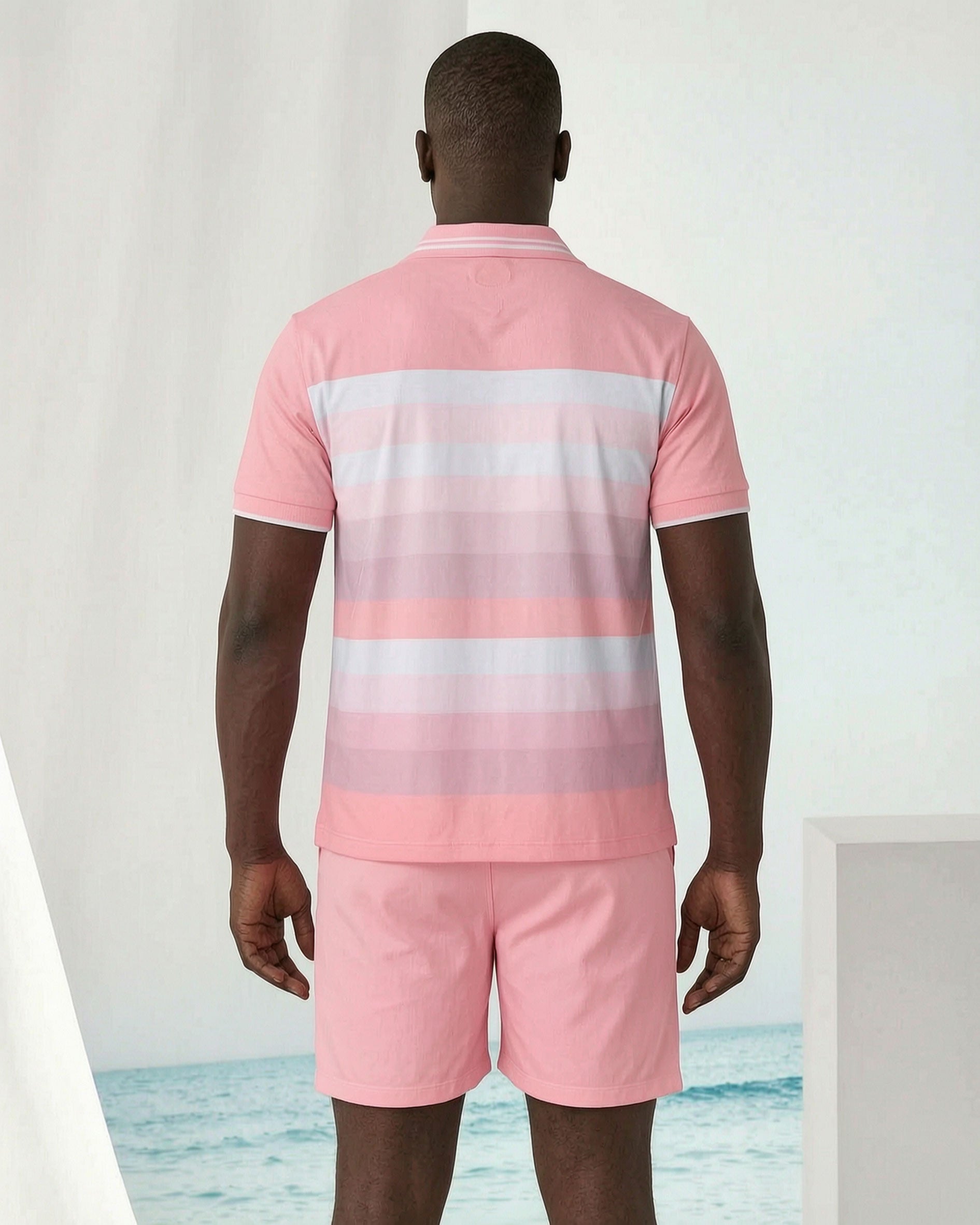 Big & Tall Men's Pink Stripe Simple Chest Small Label POLO Short Sleeve Shorts Set