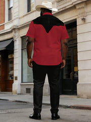 Big & Tall Men's Western Simple Black & Red Short-sleeved Shirt Pants Set