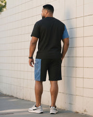 Big & Tall Men's Black & Imitation Denim Fabric Contrast Stitching T-Shirt Shorts Set