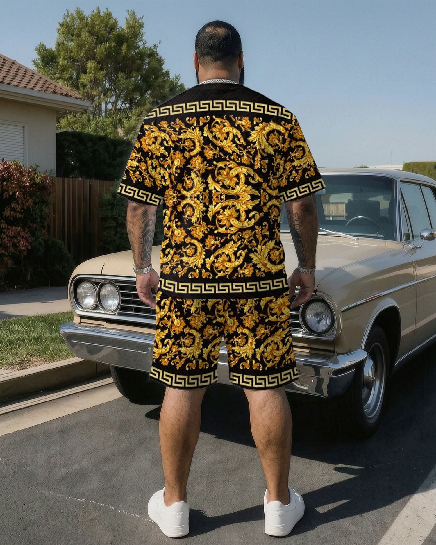 Big & Tall Men' Luxury Classic Baroque Print Short Sleeve T-Shirt Shorts Set
