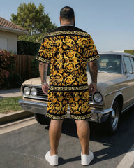 Big & Tall Men' Luxury Classic Baroque Print Short Sleeve T-Shirt Shorts Set