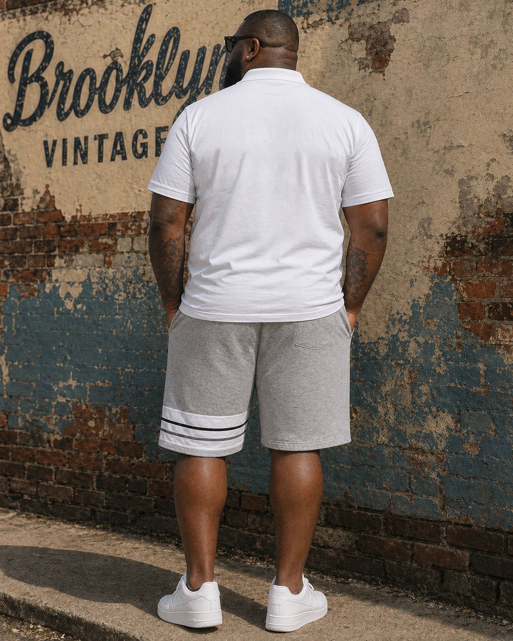 Big & Tall Men's White & Grey Simple Casual Holiday Hawaiian Short-sleeved Polo Shirt Shorts Set