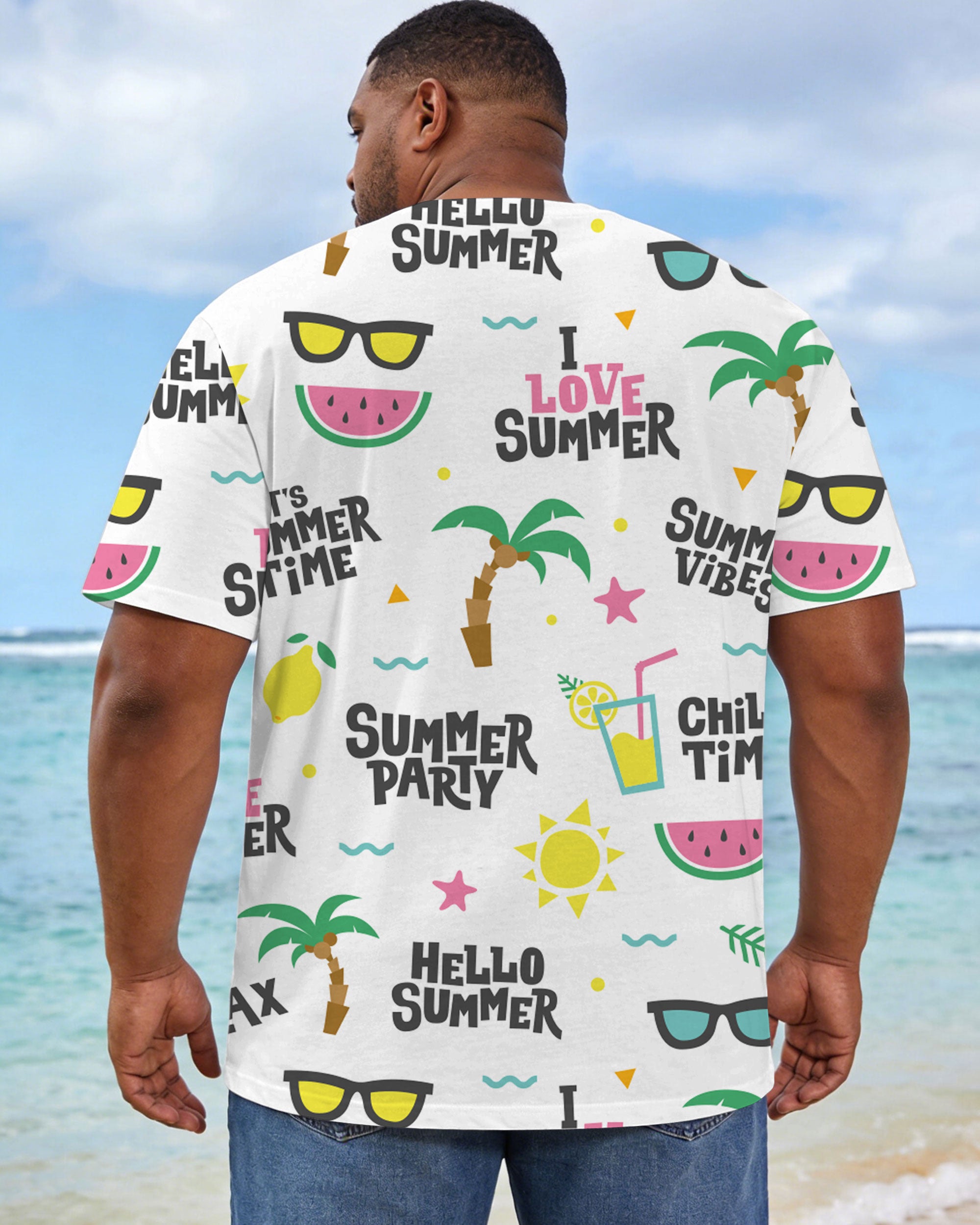 Large Size Men's White Holiday Fruit Party Glasses Square Continuous Print Short Sleeve T-shirt