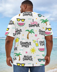 Large Size Men's White Holiday Fruit Party Glasses Square Continuous Print Short Sleeve T-shirt