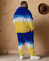 Large Size Men's Autumn And Winter Warm Cold-proof Blue & Yellow Neon Gradient Contrast Hoodie Sweatpants Set