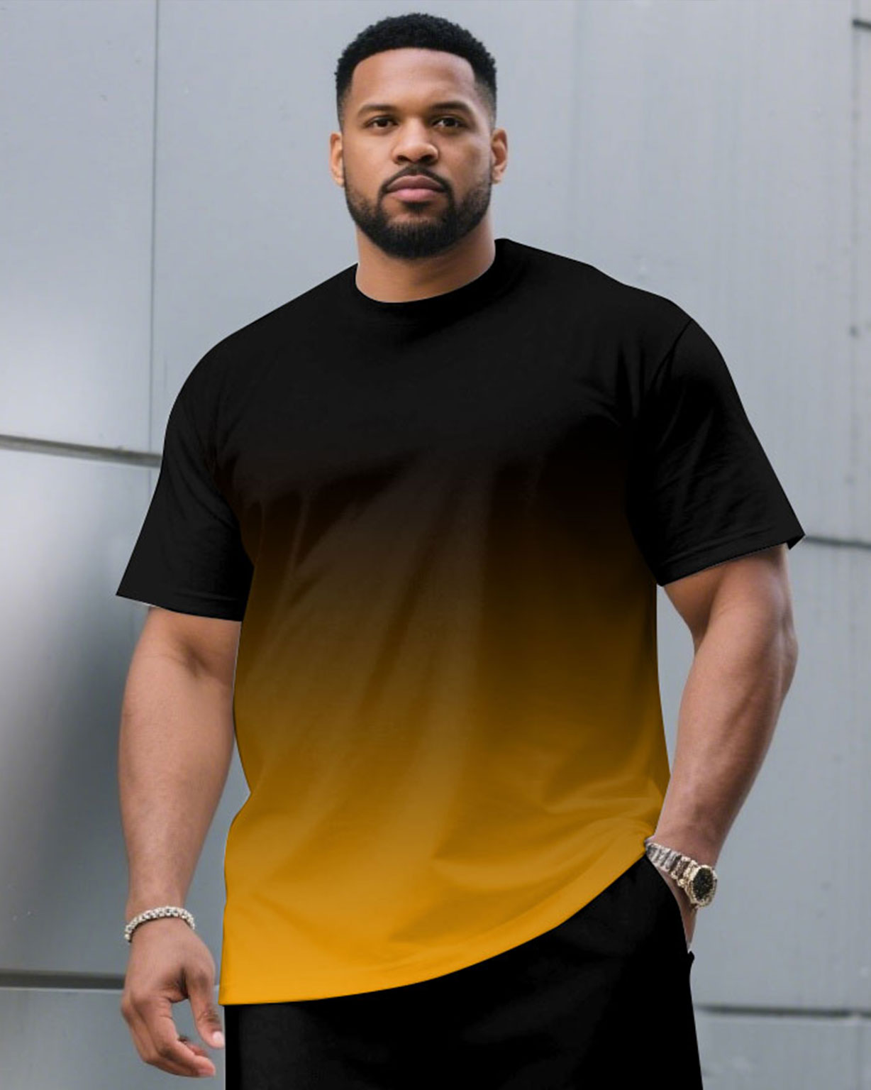 Men's Plus Size Casual Black & Red Chest Gradient Fashion Round Neck Short Sleeve T-Shirt and Shorts Suit