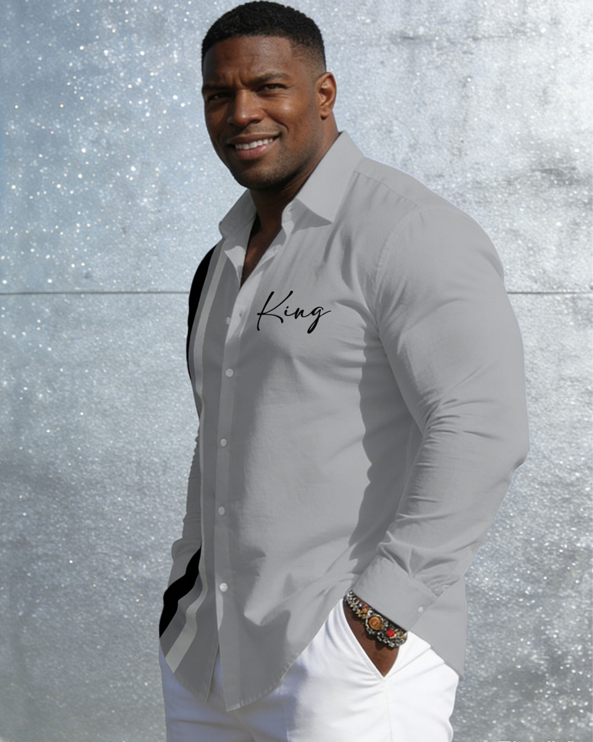 Men's Plus Size Casual Vacation Party Couple Dating Dress Up Grey & Black Classic Color Matching Chest KING Slogan Printed Wrinkle-resistant New Lassel Long Sleeve Shirt