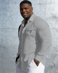 Men's Plus Size Casual Vacation Party Couple Dating Dress Up Grey & Black Classic Color Matching Chest KING Slogan Printed Wrinkle-resistant New Lassel Long Sleeve Shirt