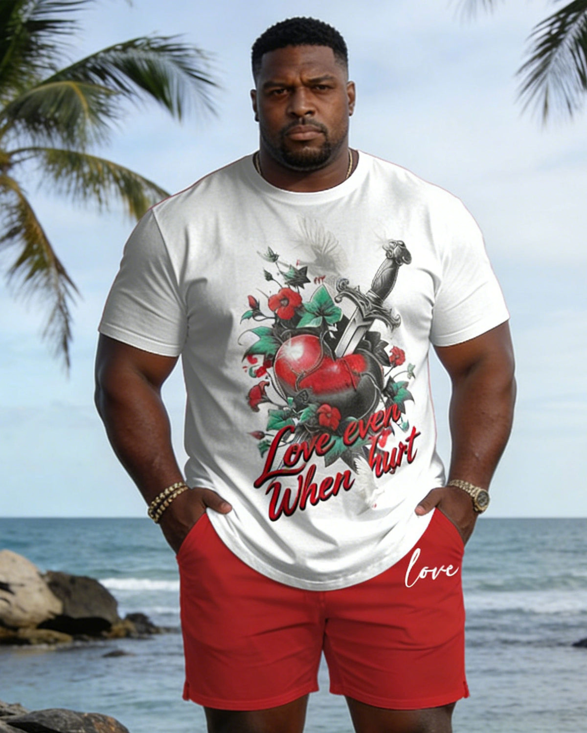 Big & Tall Spring And Summer New Valentine's Day Dating Party Party Vacation Sword Love Rose Round Neck Short Sleeve T-Shirt Shorts Set Couple Dress
