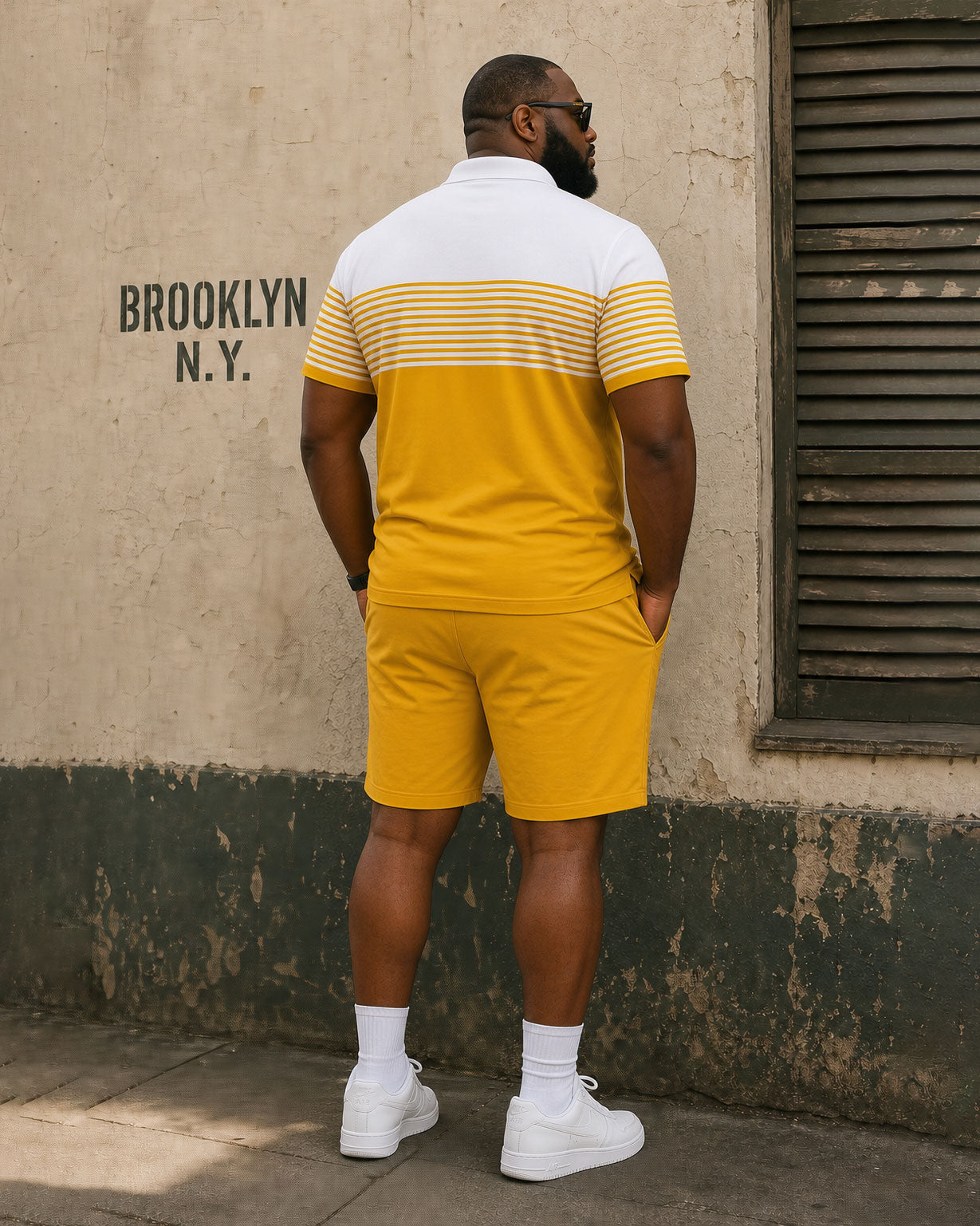 Big & Tall Men's Yellow & White Contrast Pinstripe Patchwork Printed POLO Shirt Short Sleeve Shorts Set
