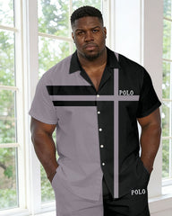 Men's Plus Size Black & Grey Contrast Short Sleeve Shirt Pants Set