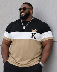 Big & Tall Men's Daily Leisure Simple Holiday Party Black & White & Khaki Chest King Printed Short Sleeve T-Shirt Shorts Set