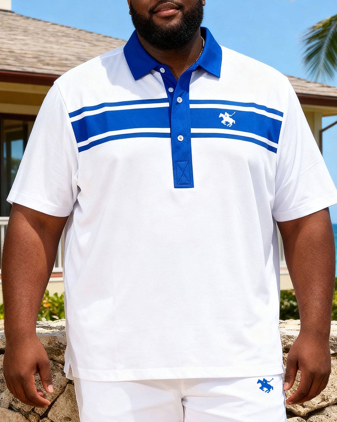 Big & Tall Men's Hawaii Holiday Blue & White Simple Polo Shirt Shorts Set