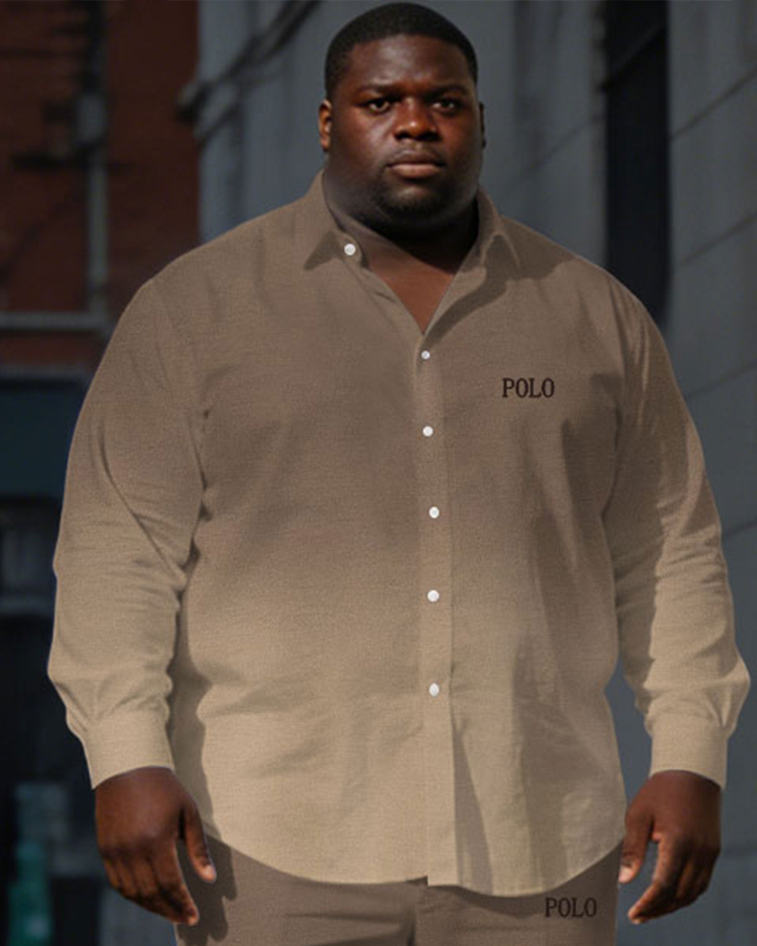 Men's Plus Size Dark Khaki & Light Khaki Contrast Color Gradient Simple Long Sleeve Shirt Trousers Business Casual Suit