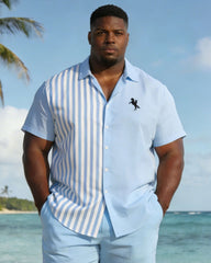 Men's Plus Size Blue Striped Short Sleeve Shirt Shorts Set
