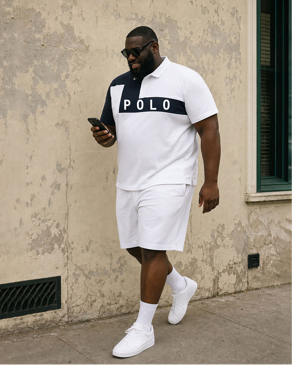 Big & Tall Men's Irregular Geometric Contrast Color Letter Printed POLO Shirt Short Sleeve Shorts Set