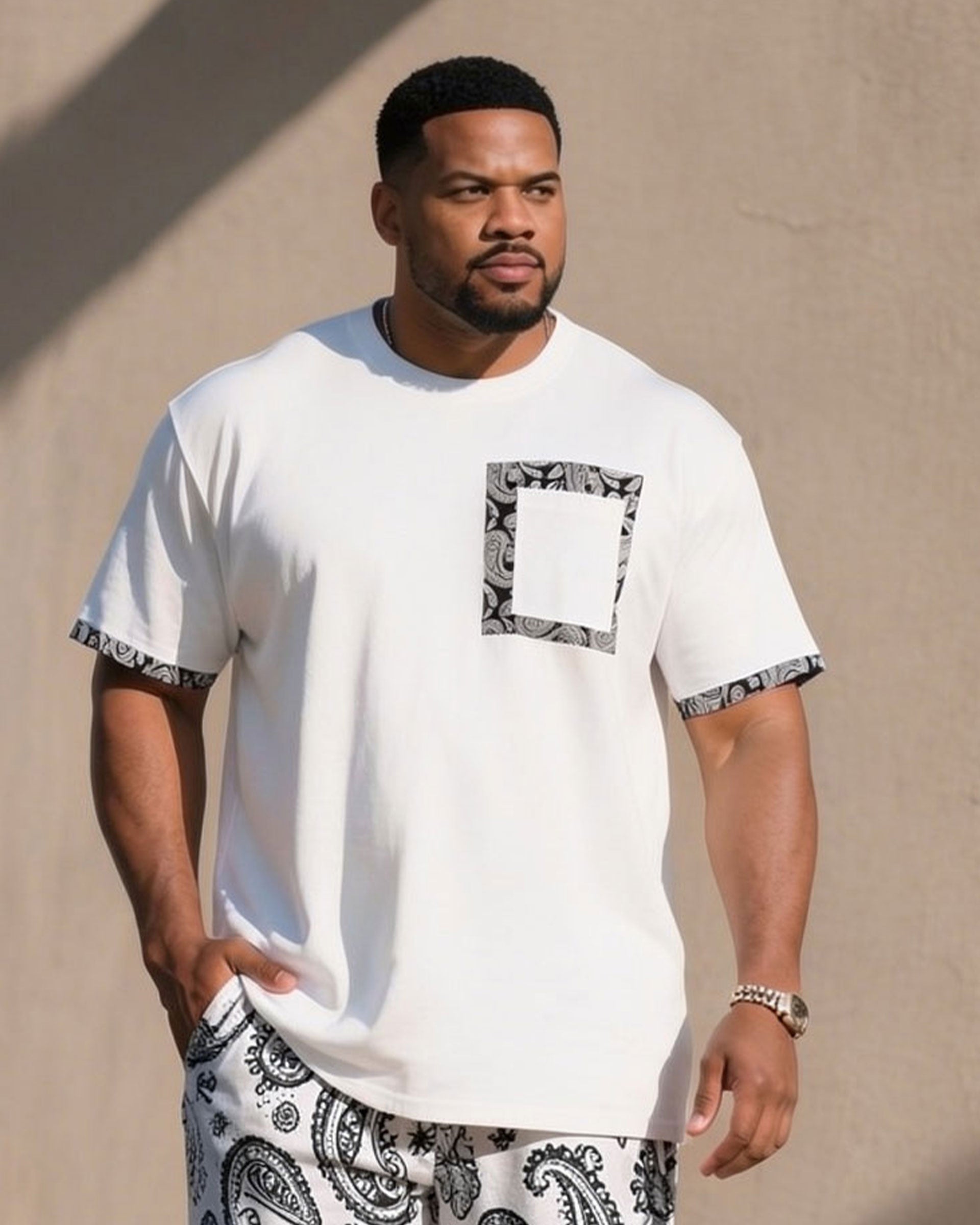 Big & Tall Men's Fashion Paisley Pocket Printed Feature Cuff Contrast Stitching T-Shirt Shorts Set