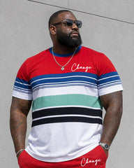 Big & Tall Men's Daily Leisure Travel Party Red Striped Short Sleeve T-Shirt Shorts Set