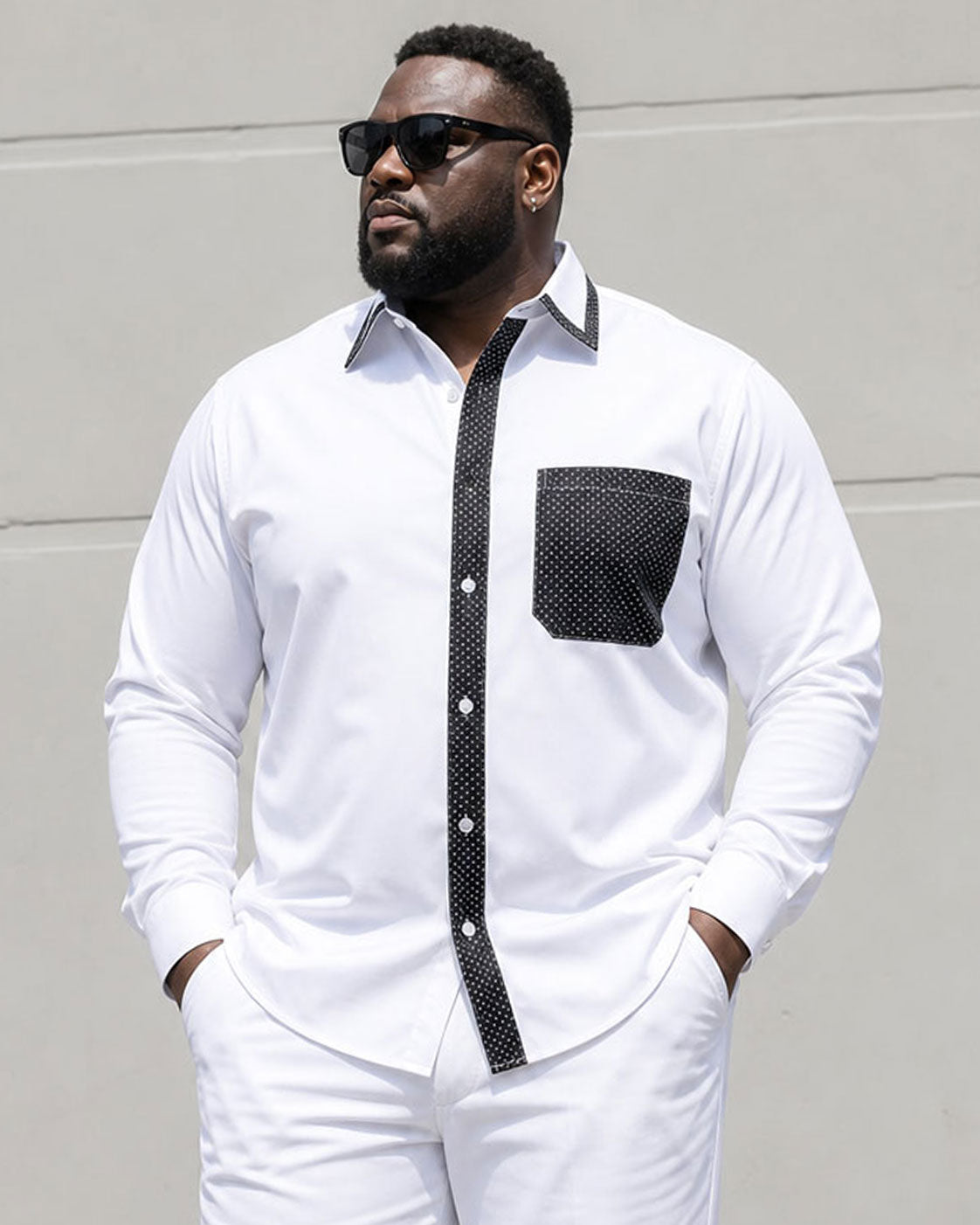 Big & Tall Men's Placket Neckline Features Stitching Chest Patch Pocket Long Sleeve Shirt Pants Suit