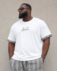 Big & Tall Men's Check Stitching Contrast Color Chest Slogan Printed Short Sleeve T-shirt Sports Pants Suit