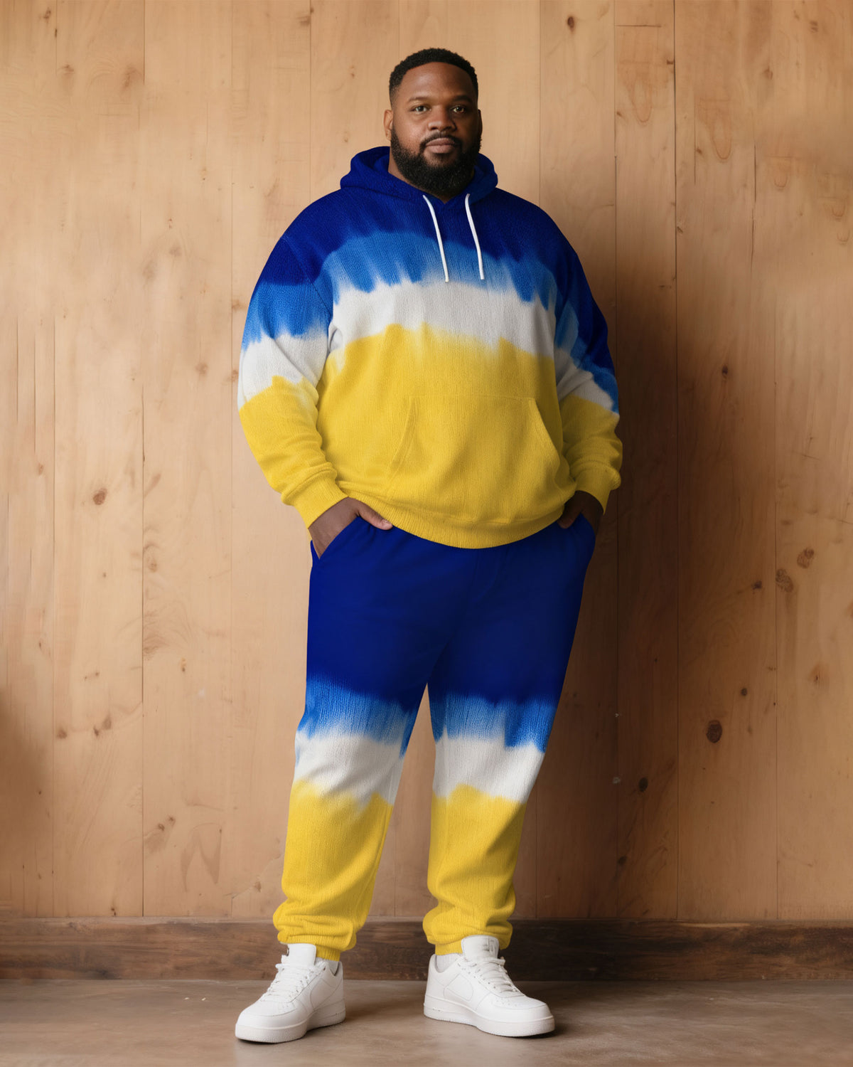 Large Size Men's Autumn And Winter Warm Cold-proof Blue & Yellow Neon Gradient Contrast Hoodie Sweatpants Set