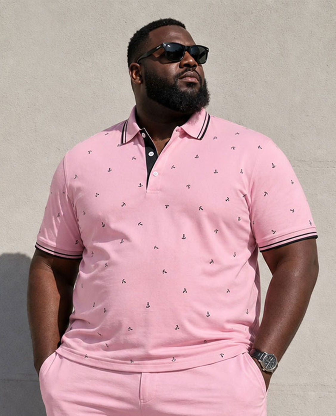 Big & Tall Men's Simple Casual Daily Travel Party Dating Holiday Pink Barb Full Printed POLO Shirt Short Sleeve Shorts Set