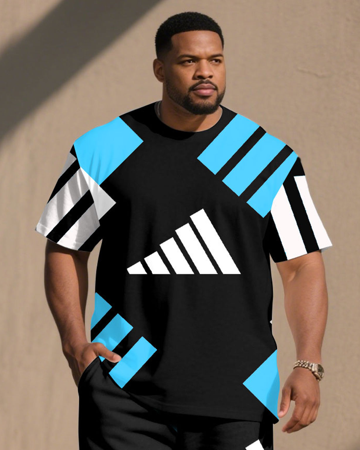 Big & Tall Men' Classic Geometric Street Fashion Young Short Sleeve T-Shirt Shorts Set