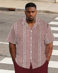 Men's Large Size Red Business Casual Short Sleeve Shirt Shorts Set