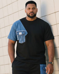 Big & Tall Men's Black & Imitation Denim Fabric Contrast Stitching T-Shirt Shorts Set